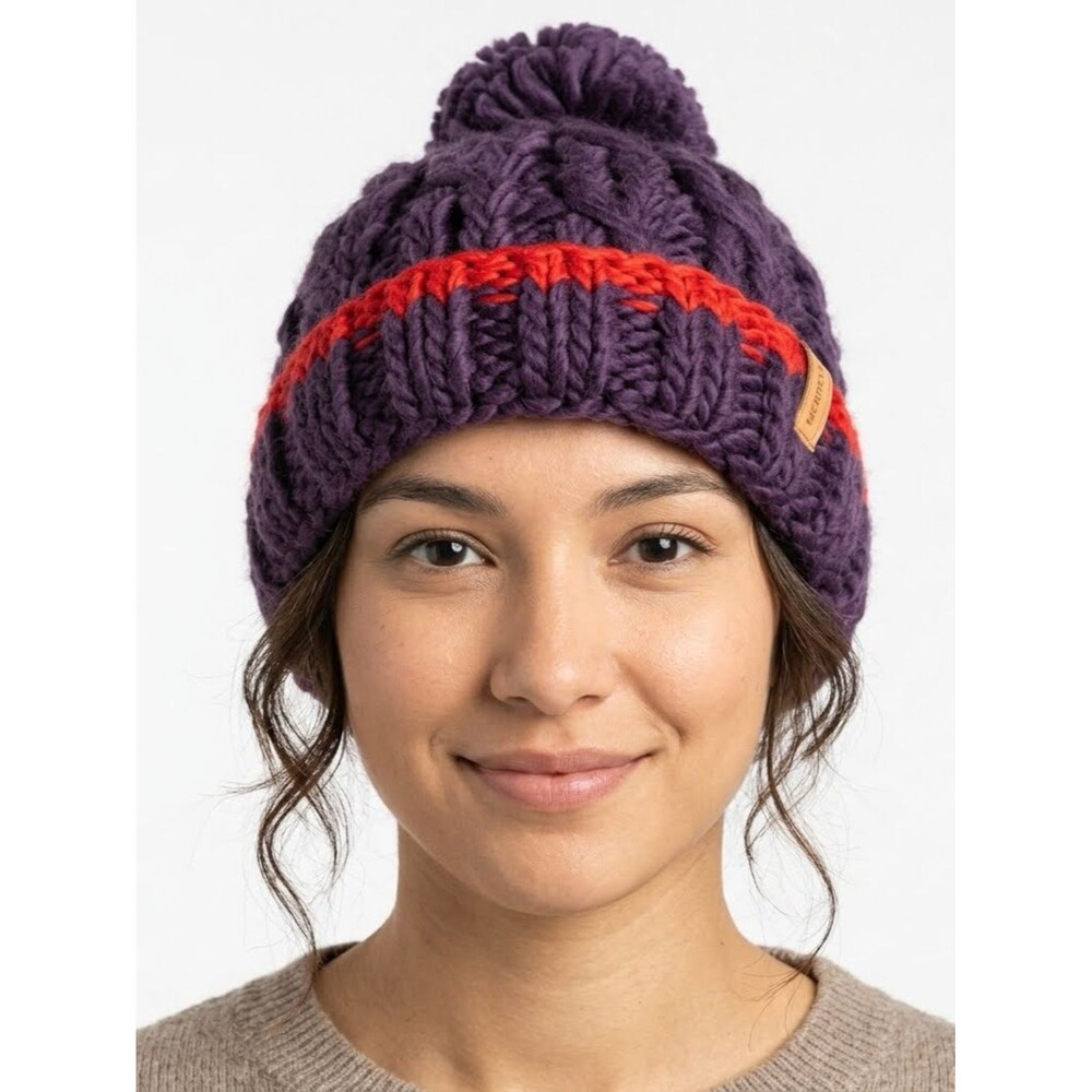 Chunky Knit Pom Beanie in Purple with Red Stripe Merrell